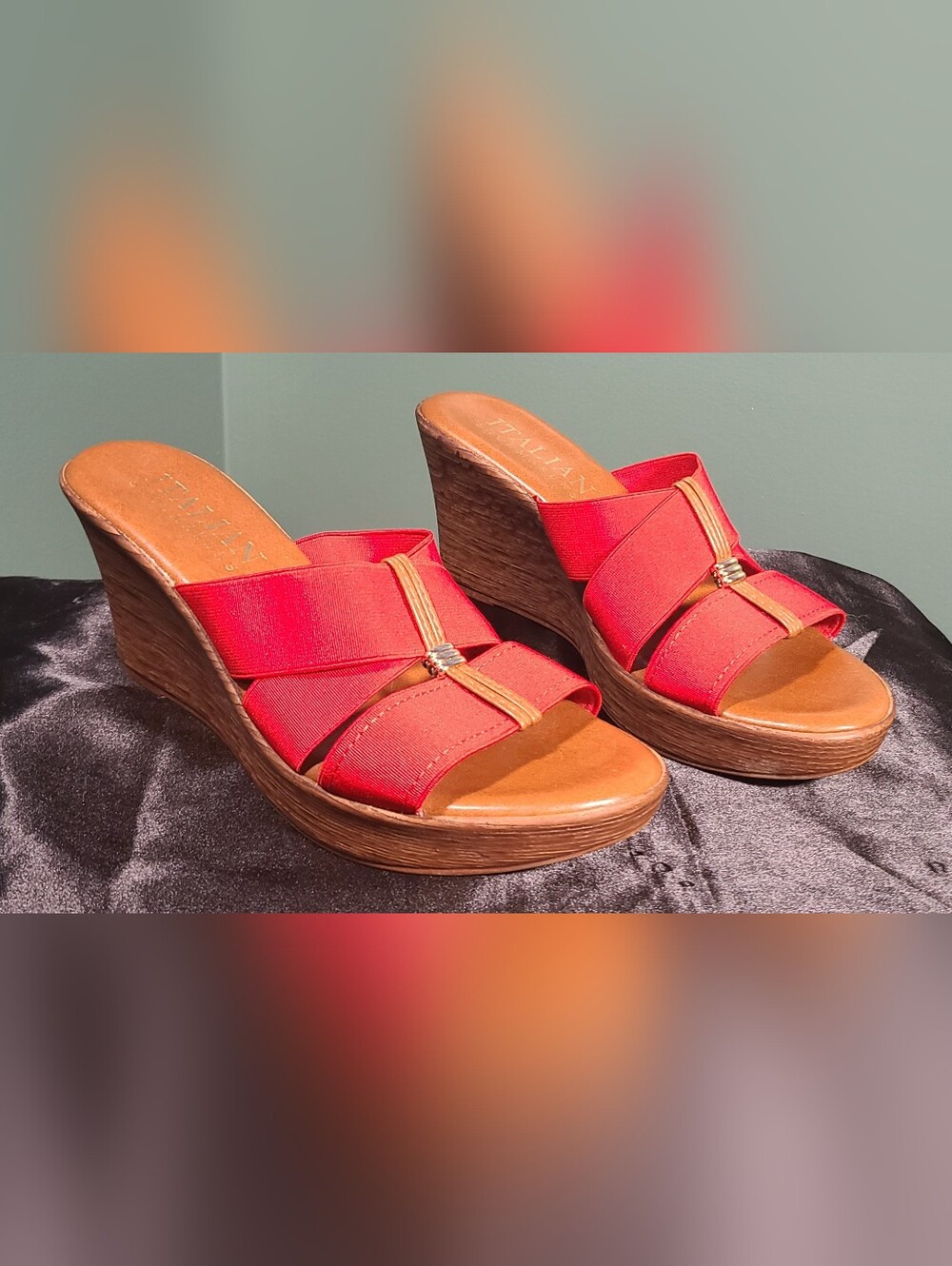 Italian Shoemakers Red Elastic Strap Wedge Sandals